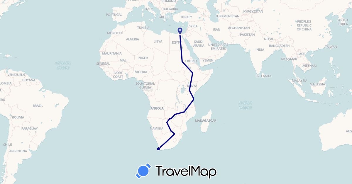 TravelMap itinerary: driving in Botswana, Egypt, Ethiopia, Kenya, Malawi, Sudan, Tanzania, South Africa, Zambia (Africa)
